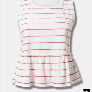NWT Torrid White and Red Striped Crew Neck Tank Top with Ruffle Details